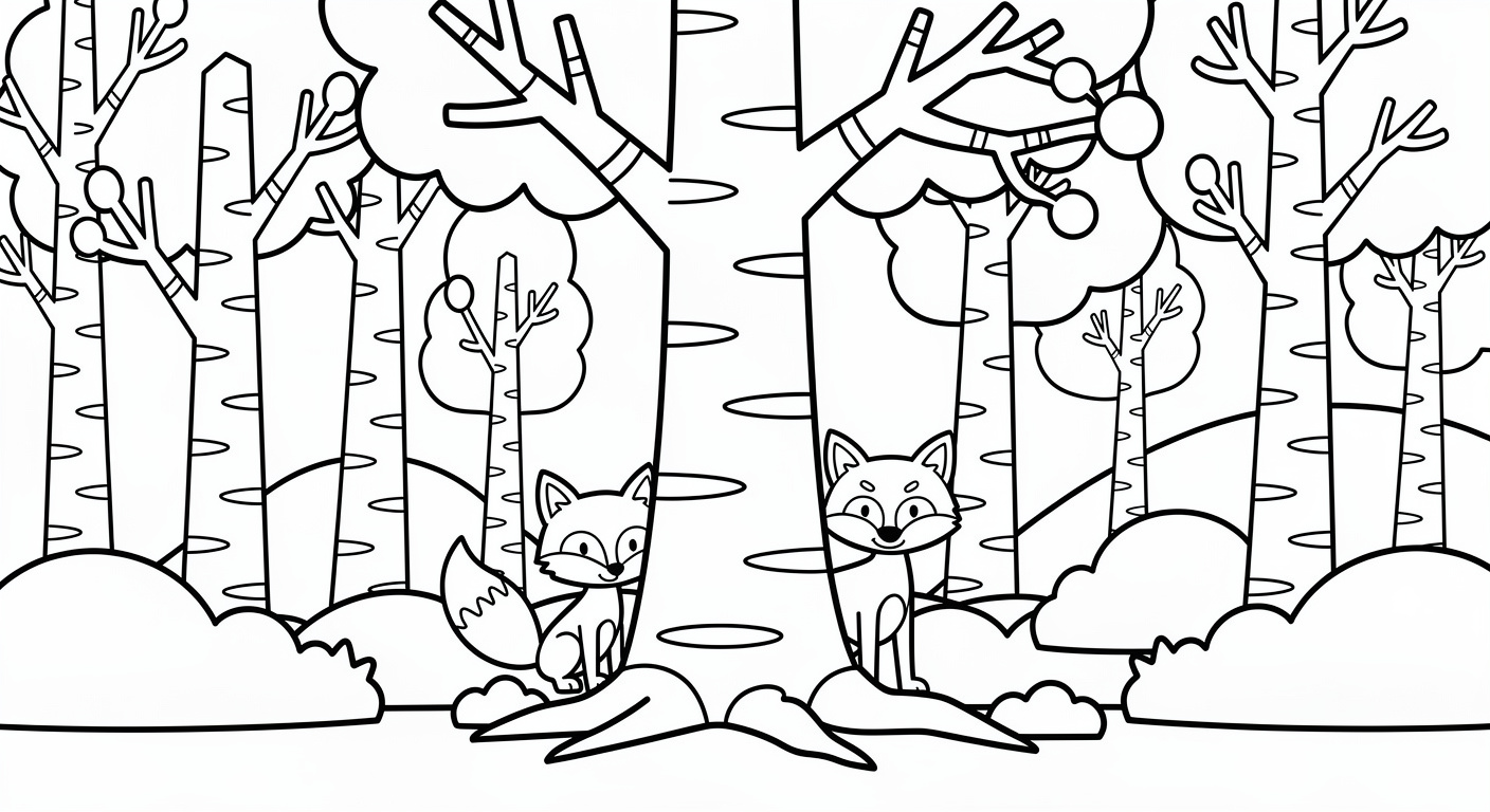Birch tree in Nordic forest coloring page, free printable PDF activity for toddlers and preschoolers