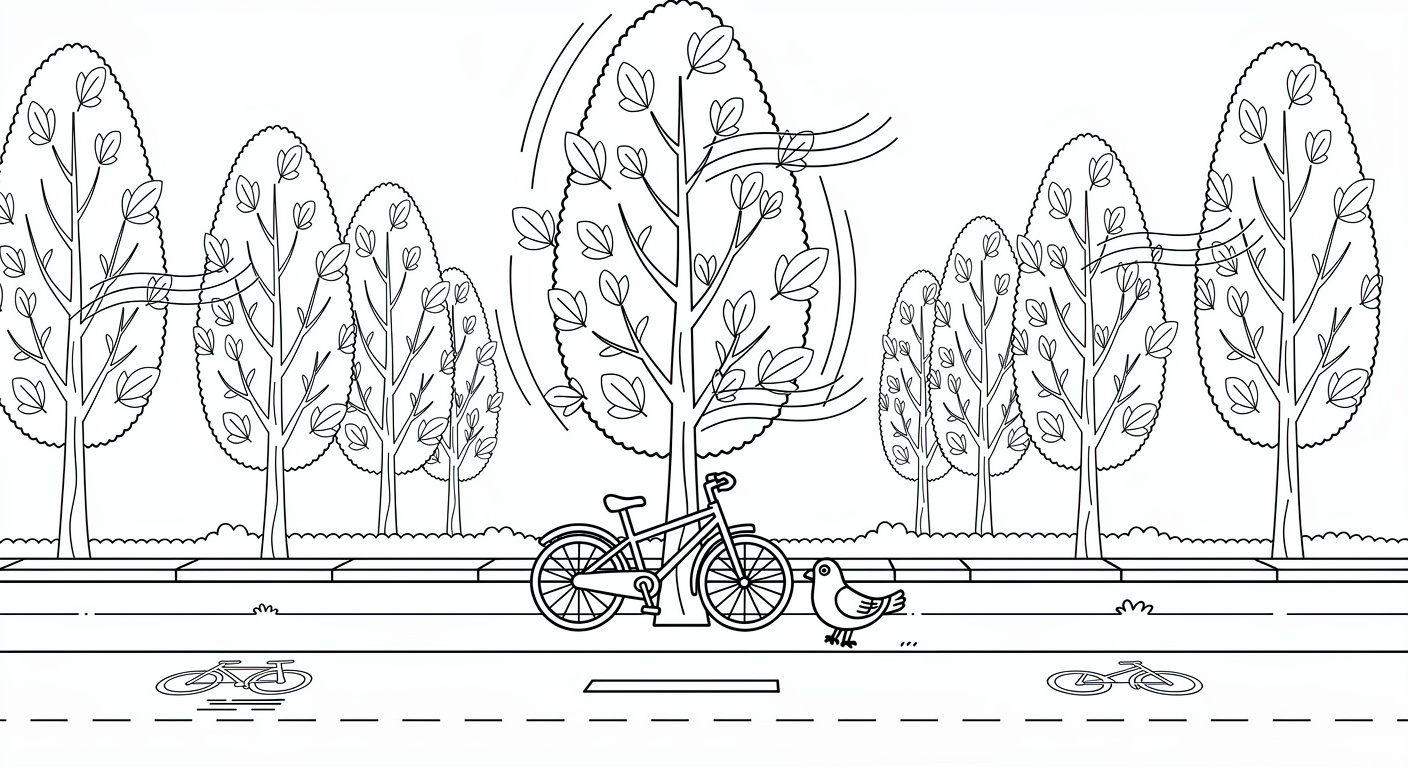 Free poplar tree coloring page on a street scene, printable PDF for toddlers