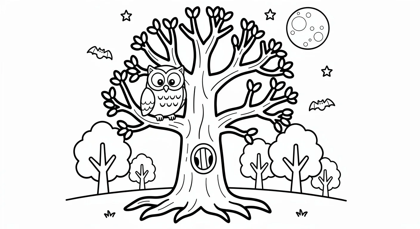 Dessin de Arbre avec hibou endormi à Colorier