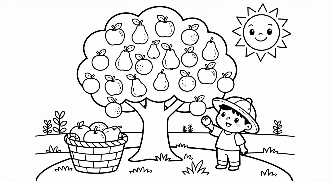 Tree with fruits in orchard coloring page for kids, free printable drawing activity
