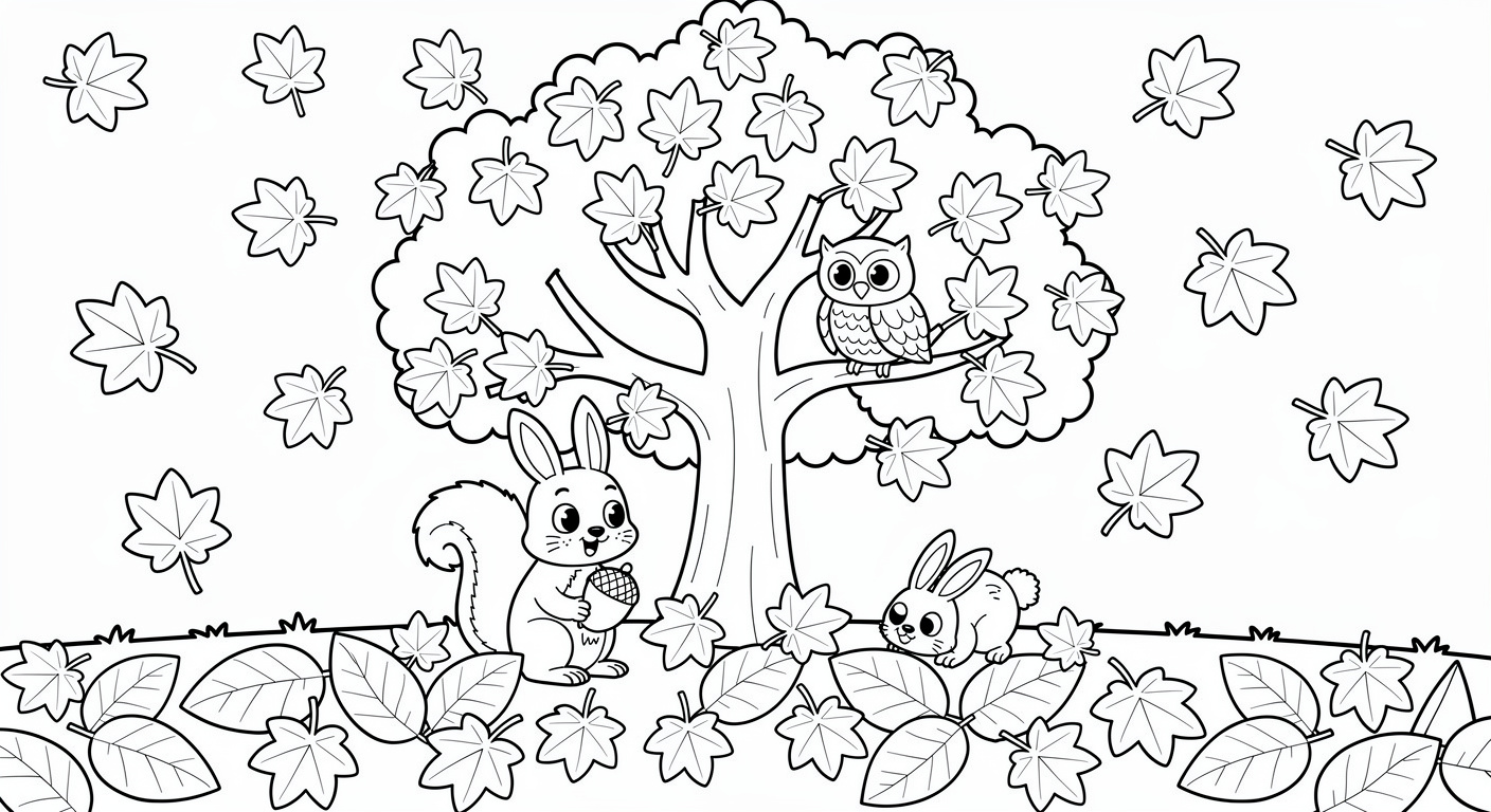 Fall tree coloring page with cute animals, free printable drawing for kids ages 2-5