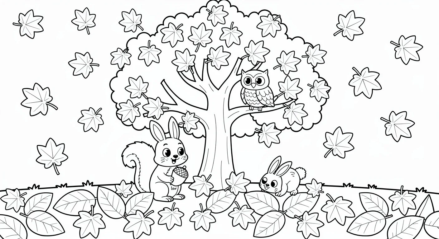 Autumn tree with animals Coloring Page