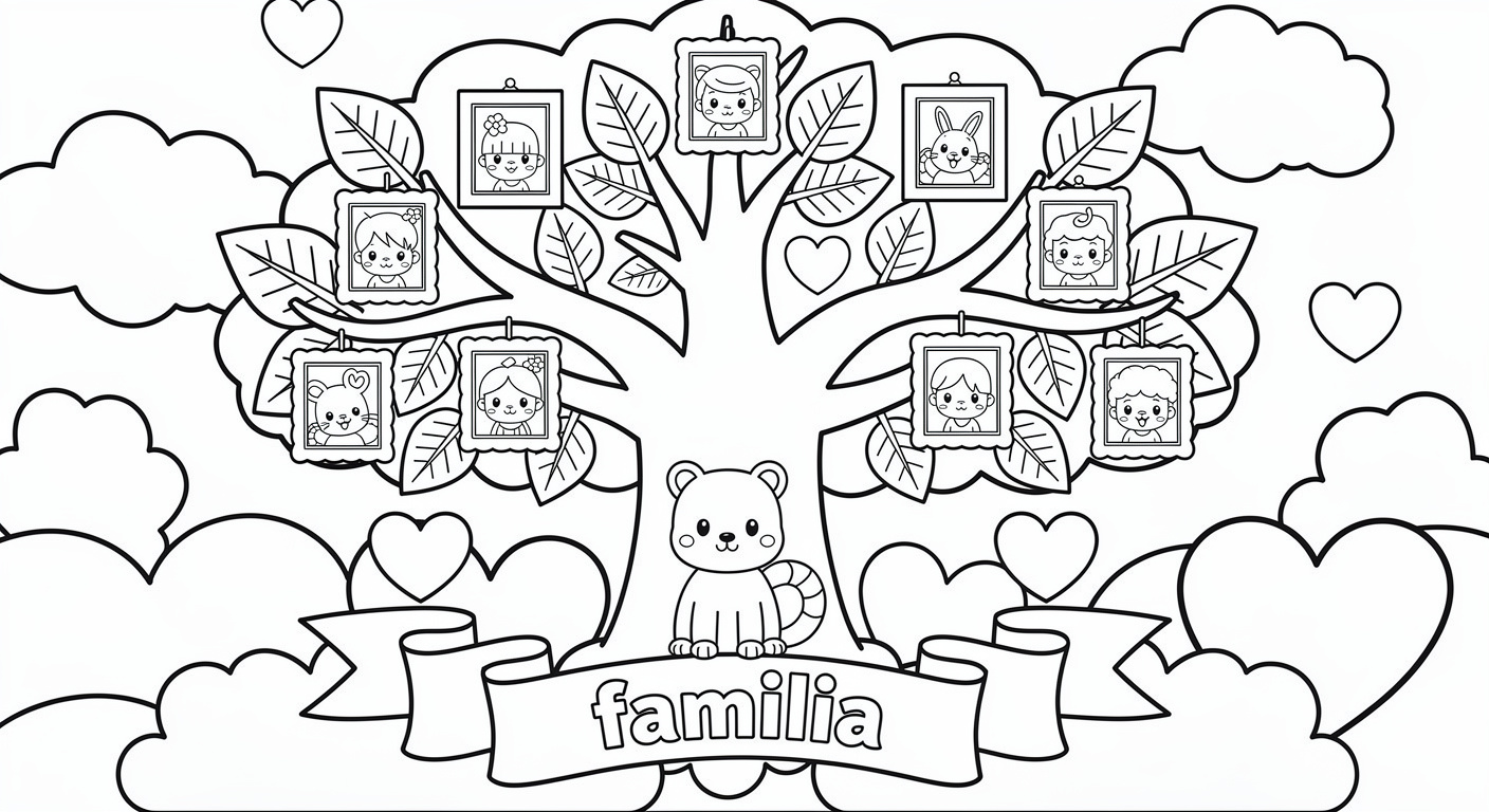 Family tree coloring page for kids, free printable drawing activity for toddlers