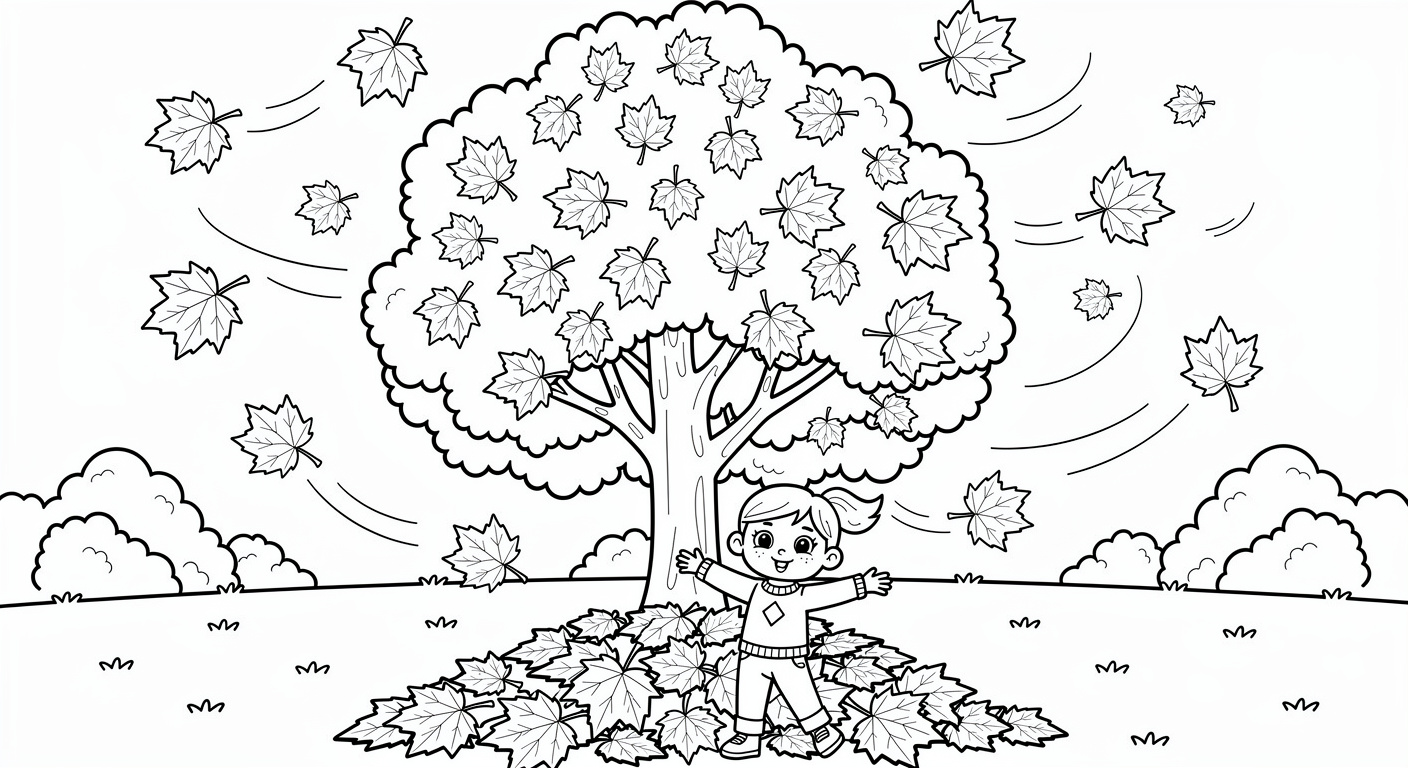 Autumn maple tree coloring page with falling leaves, free printable drawing for toddlers and preschoolers