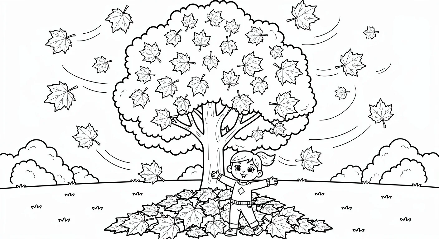 Maple tree in autumn with falling leaves Coloring Page