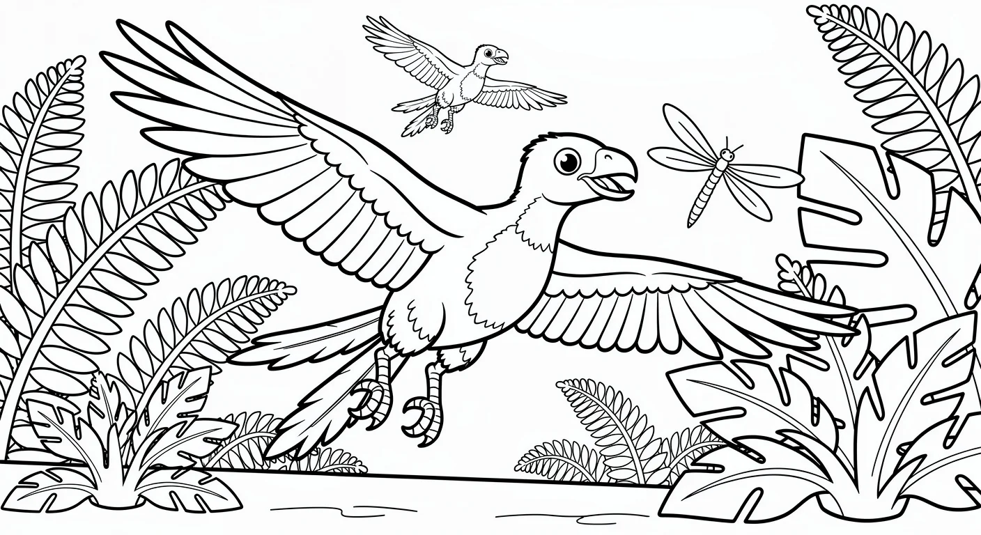 Archaeopteryx among giant ferns Coloring Page