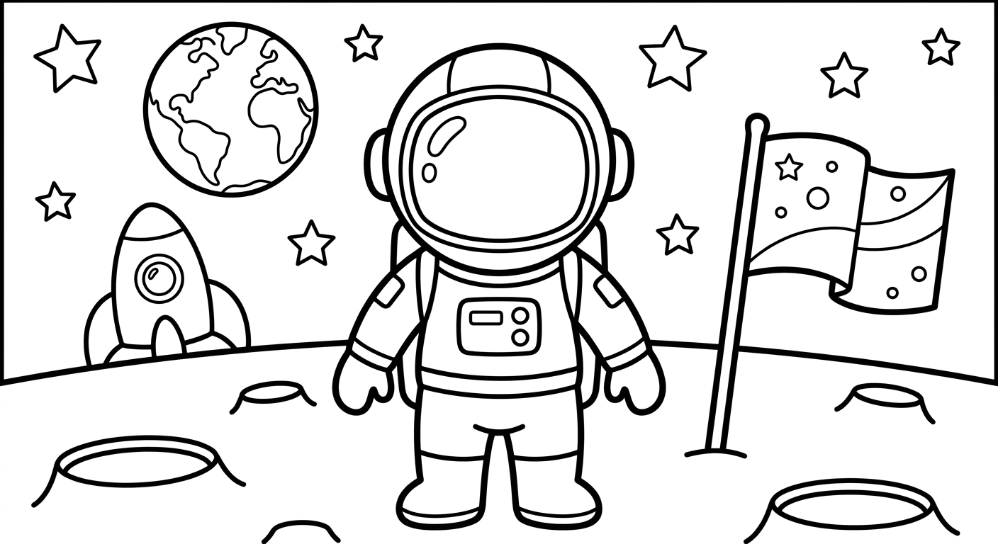 Astronaut coloring page for kids ages 2-5, free printable drawing in PDF format