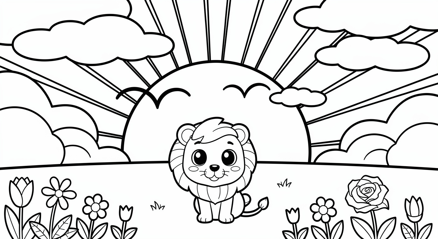 Sunset coloring page for kids, free printable nature landscape drawing for toddlers and preschoolers