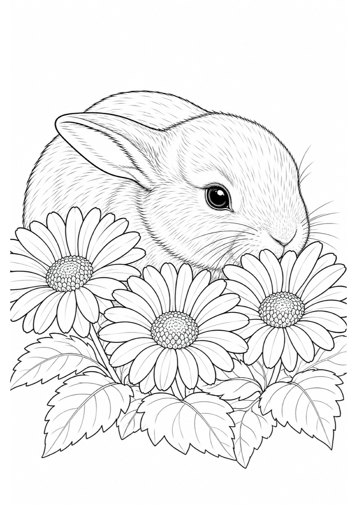 Bunny Among Flowers Coloring Page to Print Free