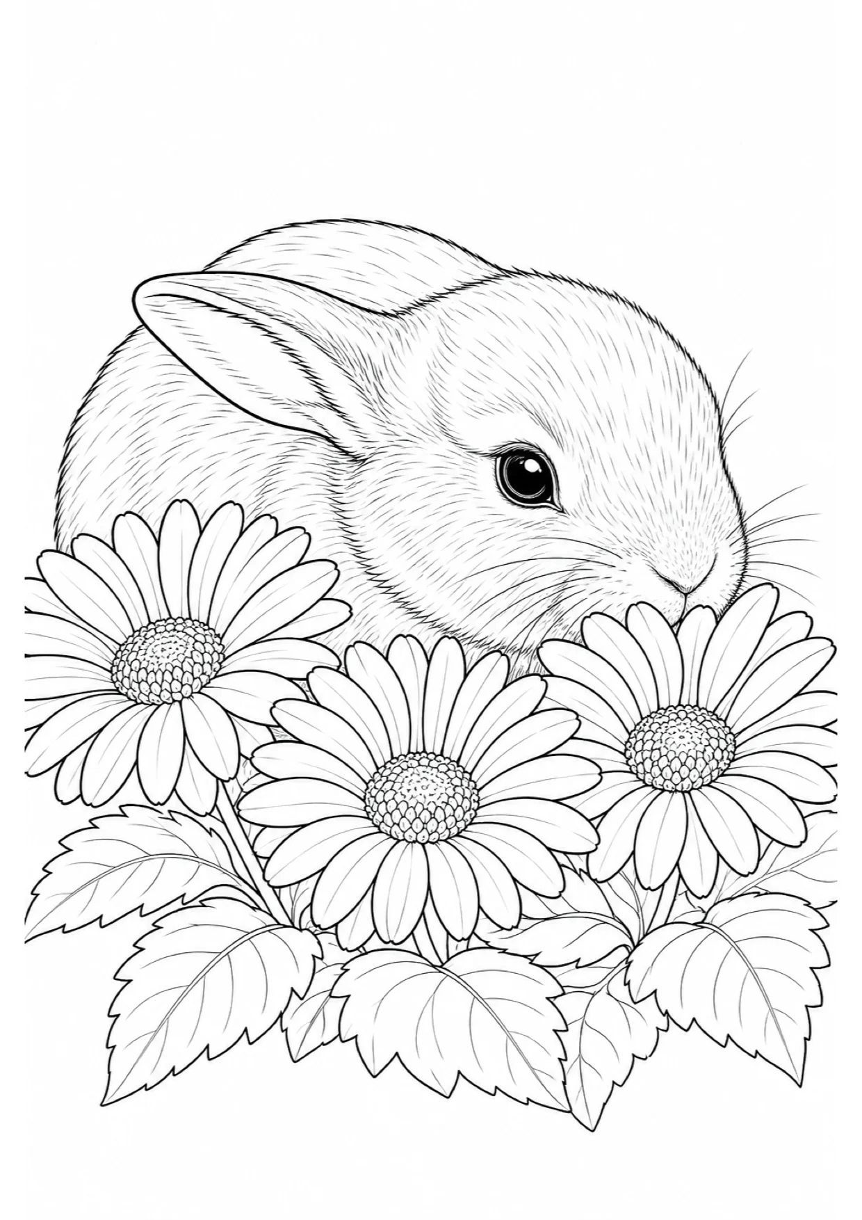 Bunny Among Flowers Coloring Page to Print Free