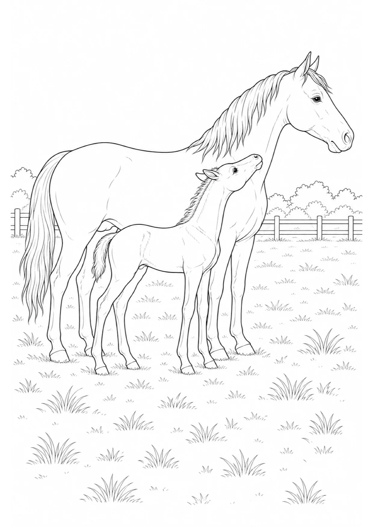Foal with Its Mother Coloring Page to Print Free