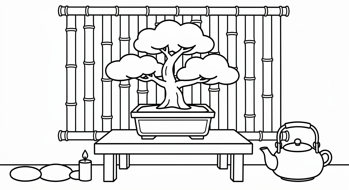 Bonsai on zen table coloring page for kids, free printable drawing activity