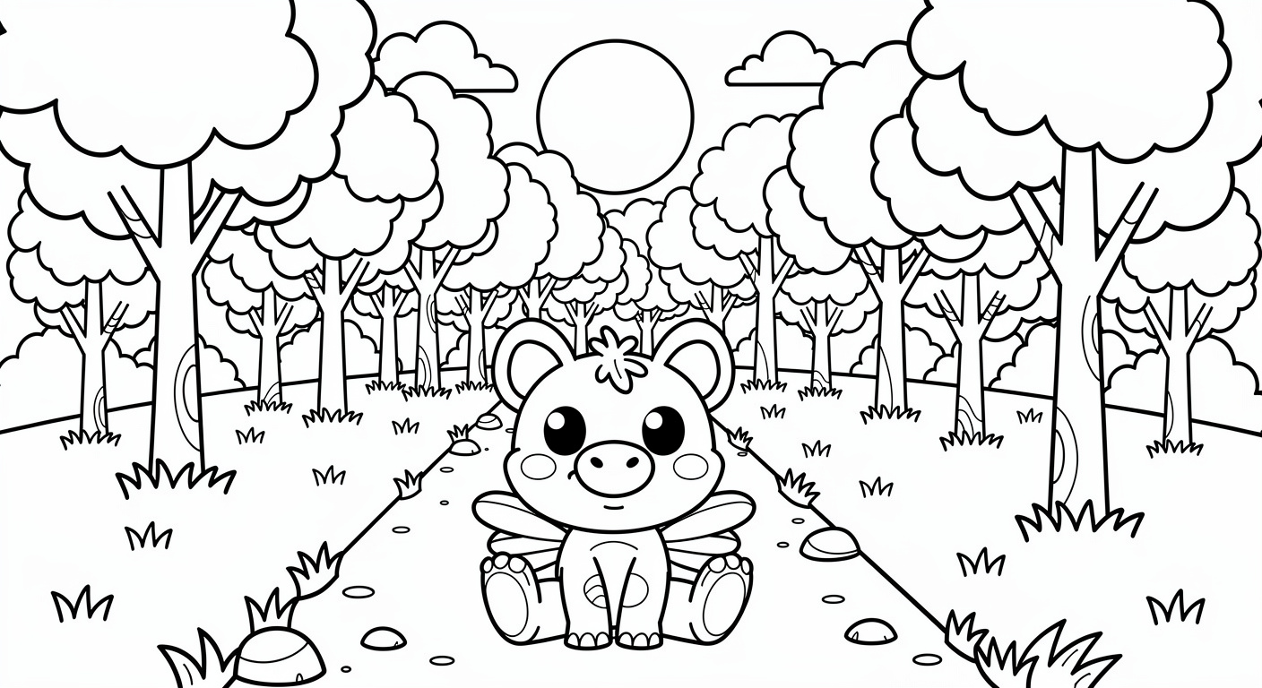 Forest coloring page for kids, simple printable drawing with trees for toddlers ages 2-5