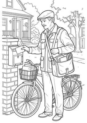 Mail carrier coloring page — printable profession flashcard