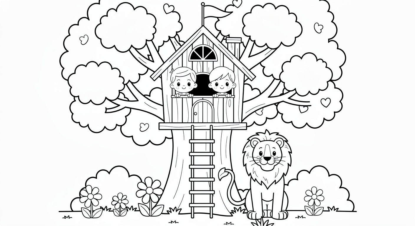 Tree house coloring page for kids, free printable drawing for toddlers ages 2-5