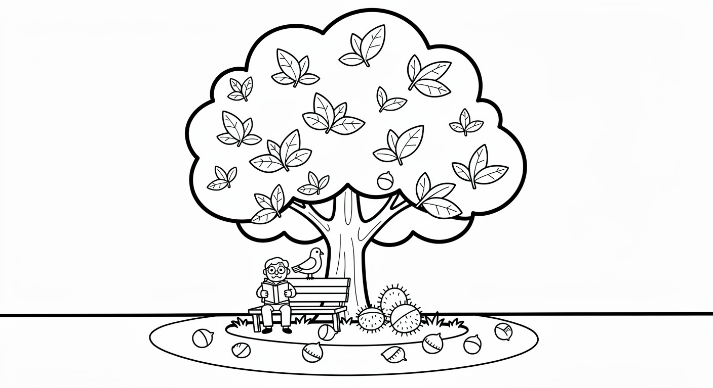 Chestnut tree coloring page in urban park, free printable drawing for toddlers