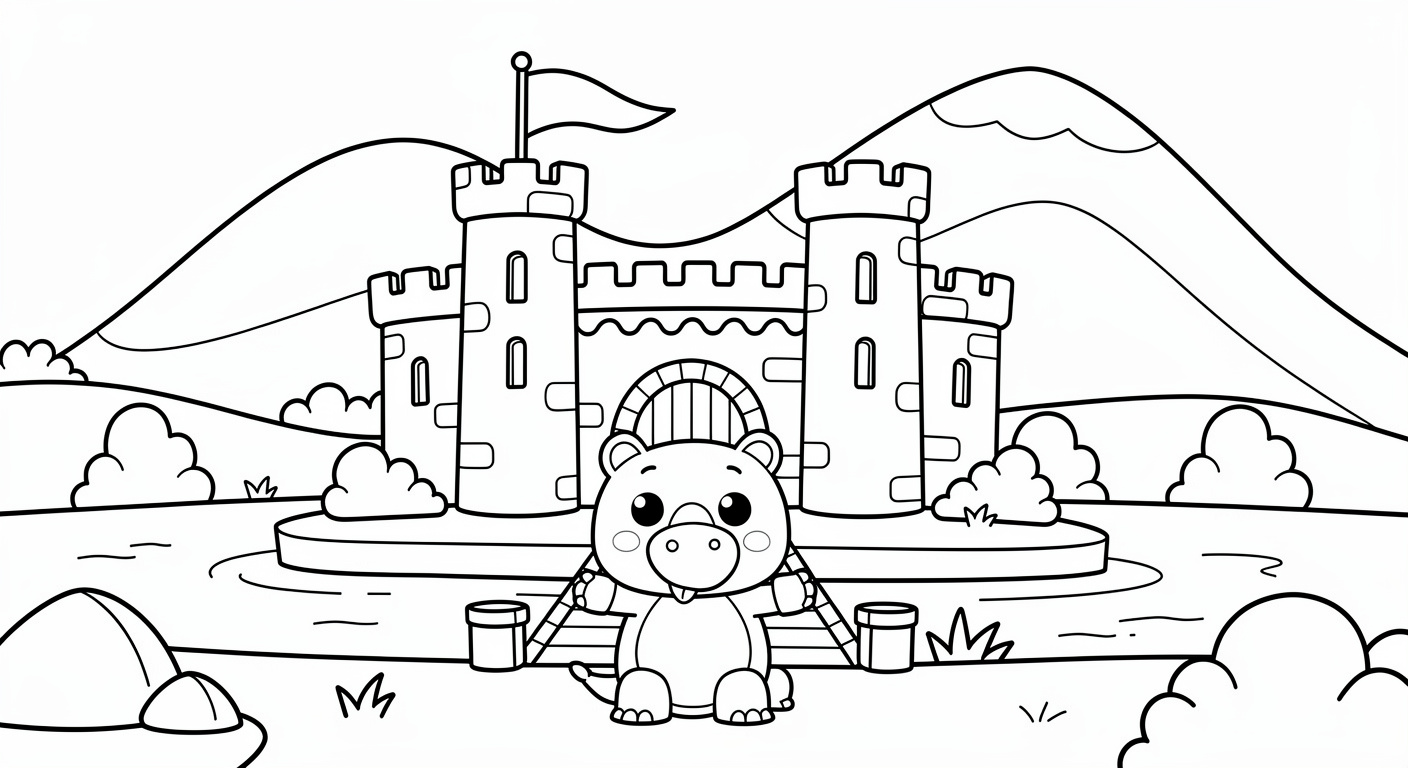 Castle coloring page for kids ages 2-5, free printable drawing activity in PDF format