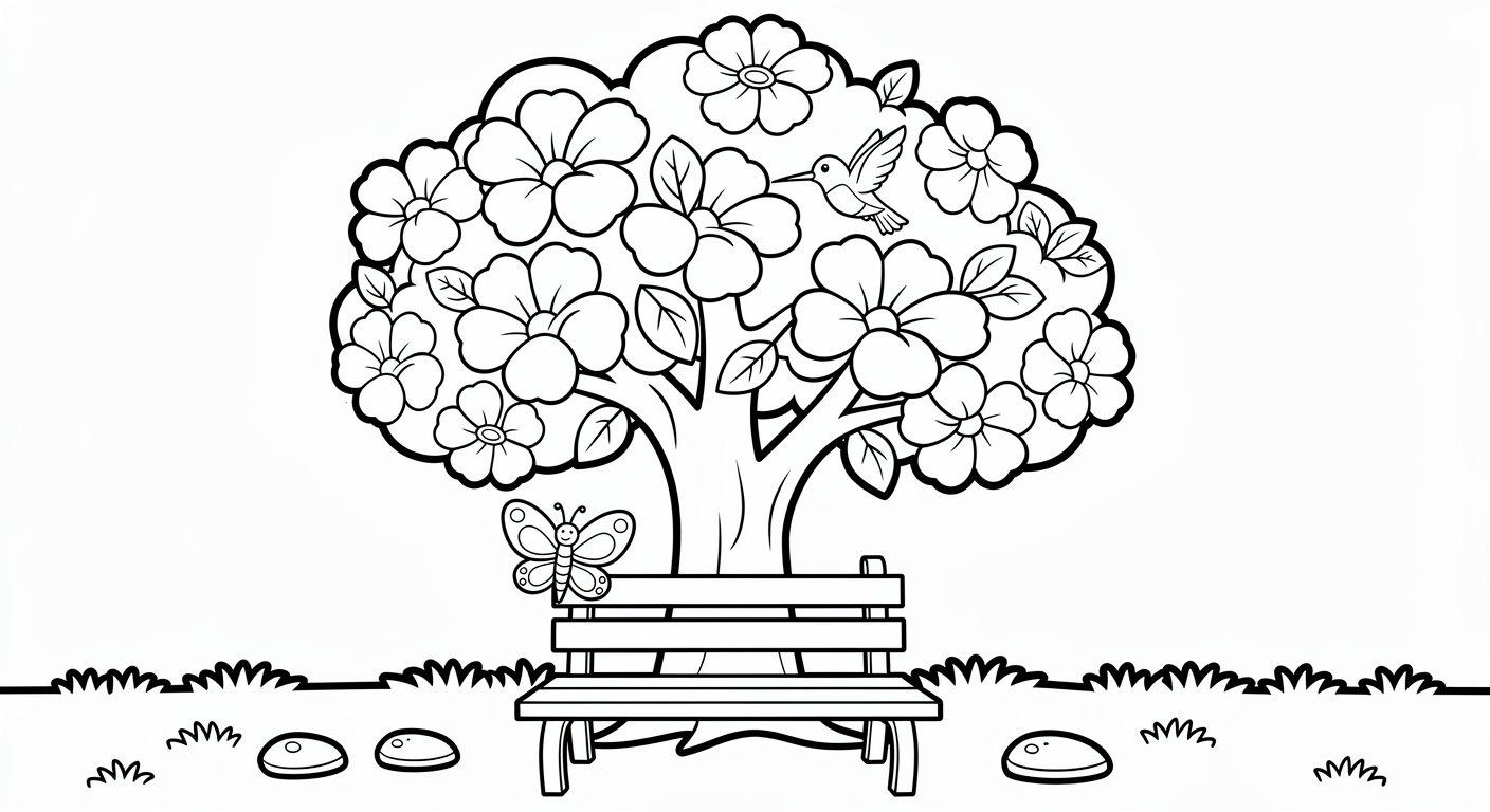 Ceibo tree in garden coloring page for kids, free printable PDF activity for toddlers