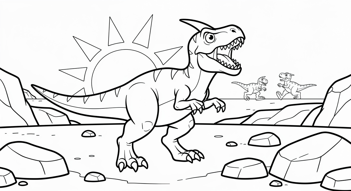 Ceratosaurus coloring page in a valley scene, free printable dinosaur drawing for toddlers