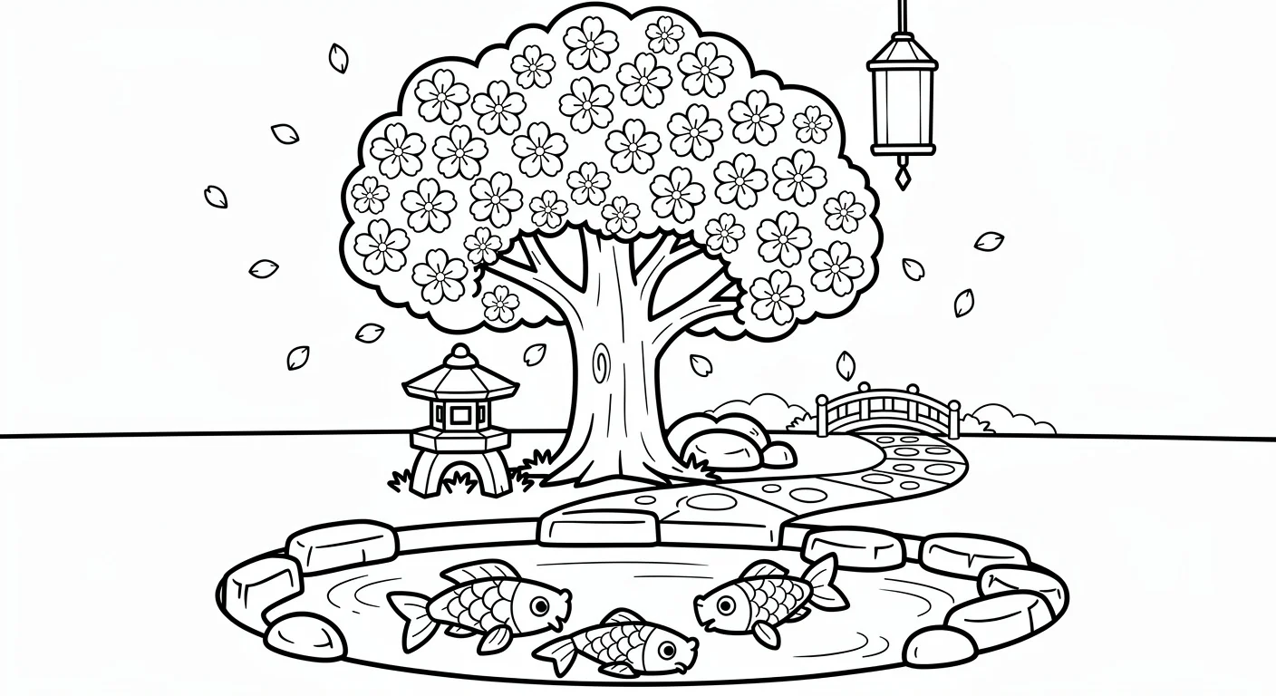 Cherry blossom tree in japanese garden Coloring Page