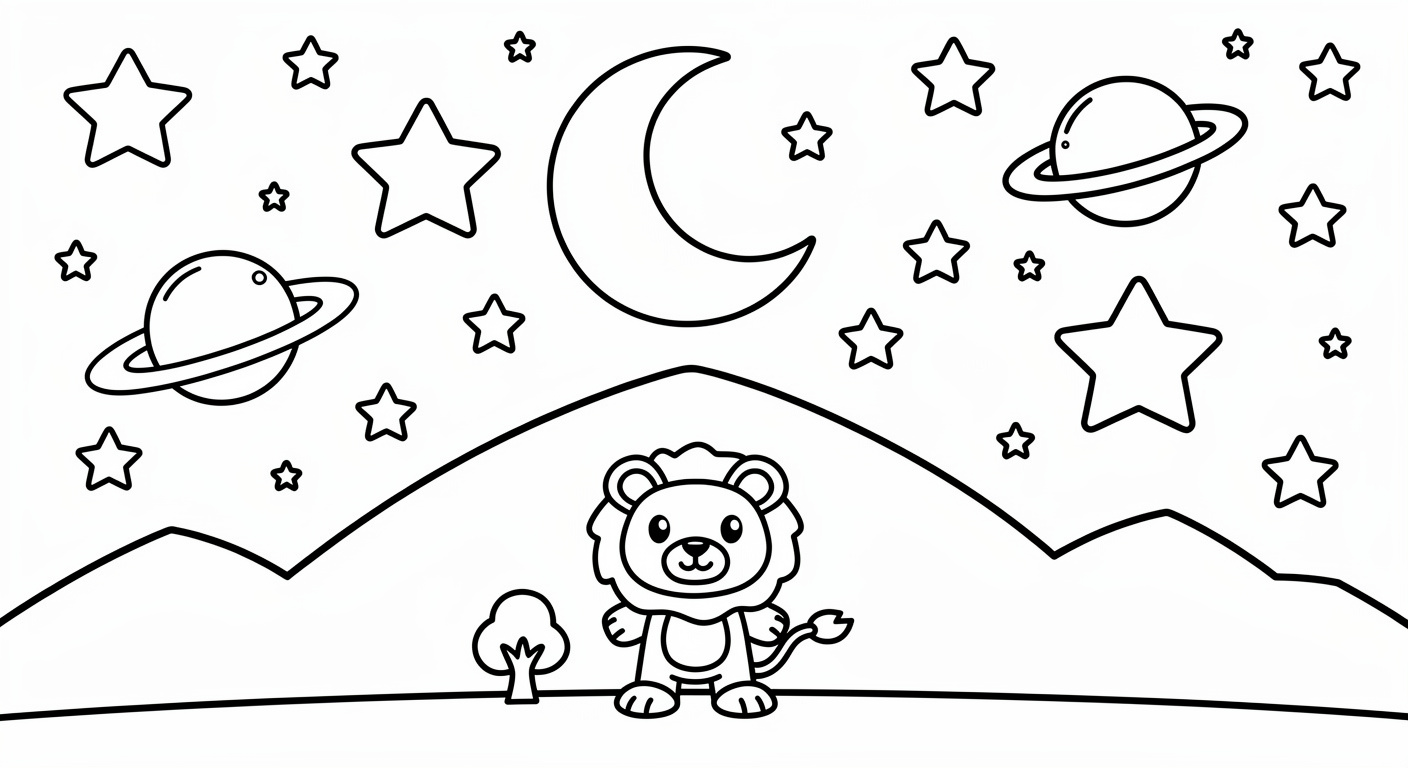 Starry sky coloring page for kids, free printable drawing for toddlers and preschoolers