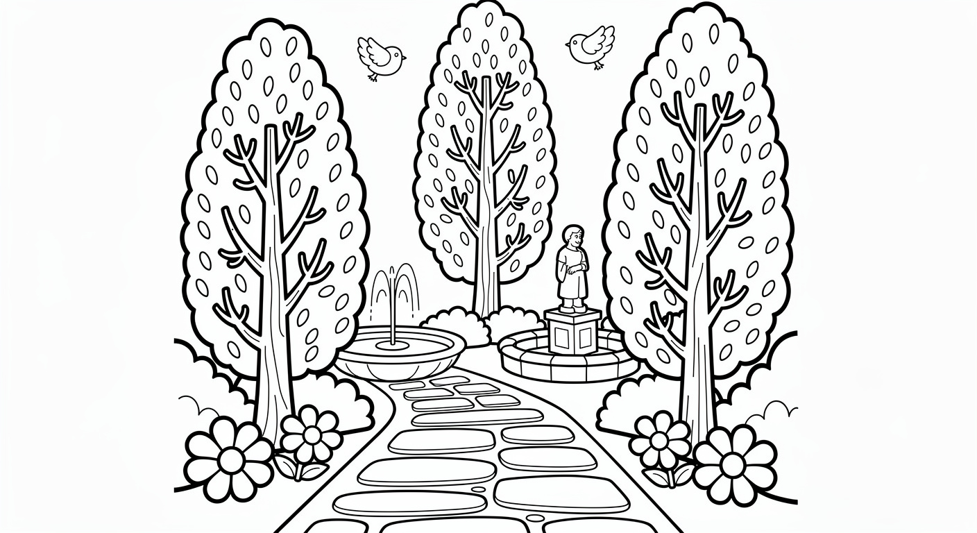 Cypress tree in Italian garden coloring page, free printable drawing for toddlers and kids