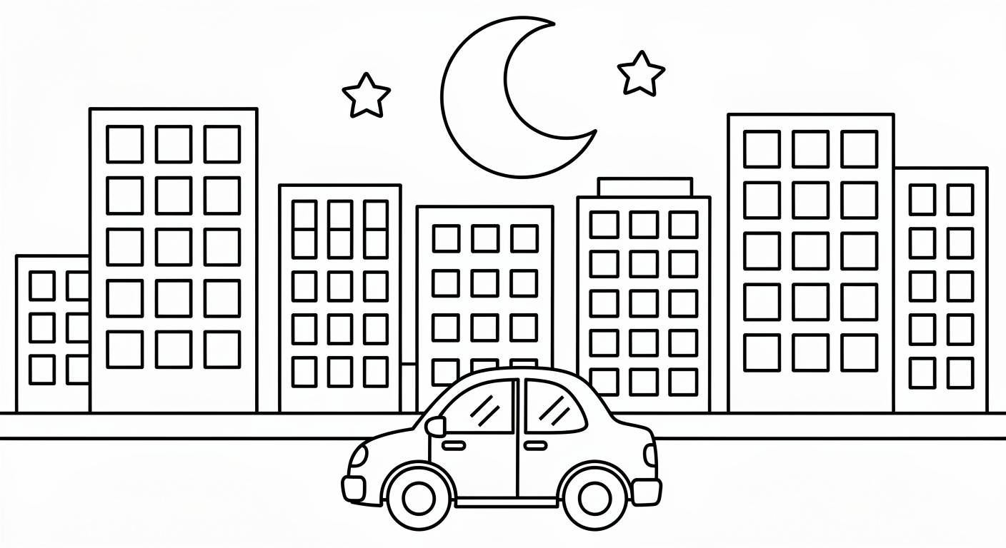 City coloring page for kids, free printable PDF with simple buildings and urban landscape illustration