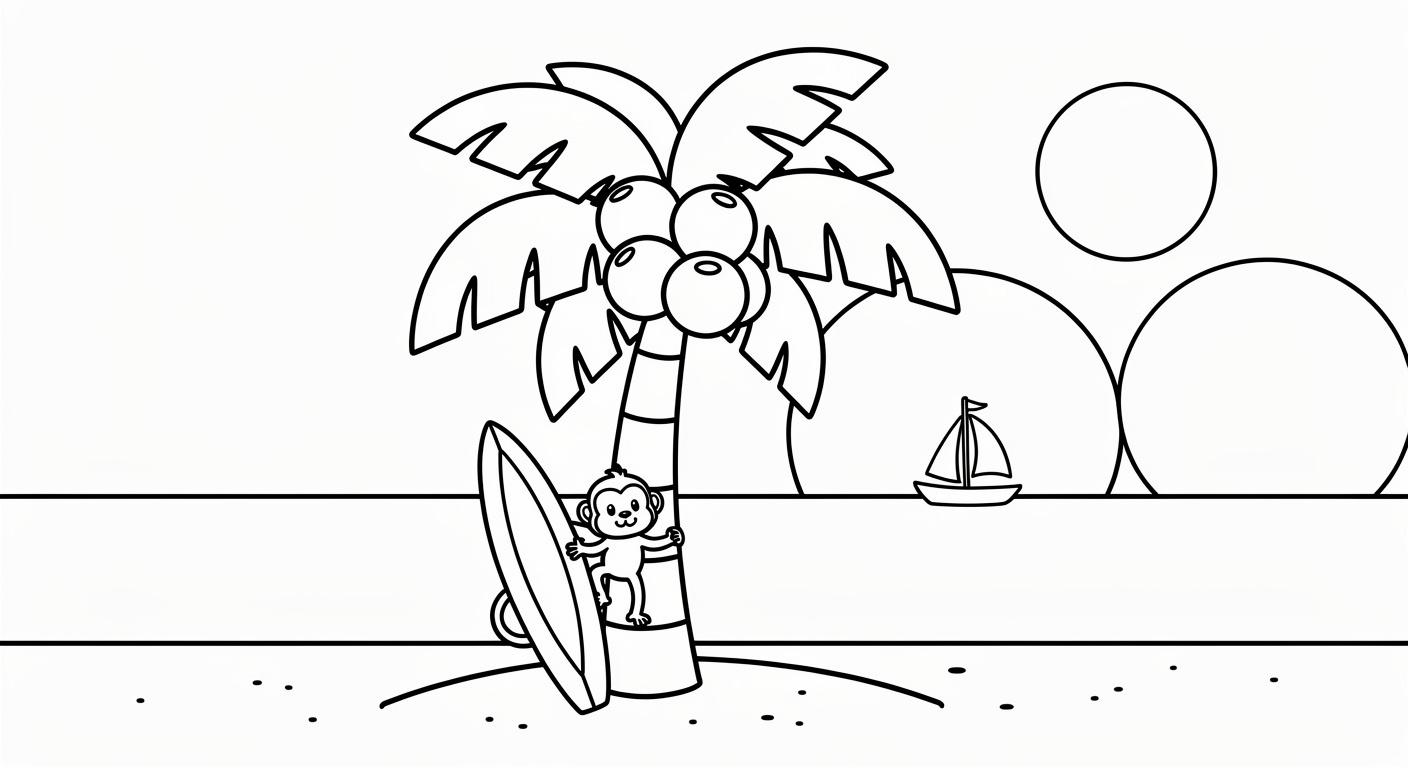 Coconut tree coloring page on tropical island, free printable drawing for toddlers and preschoolers