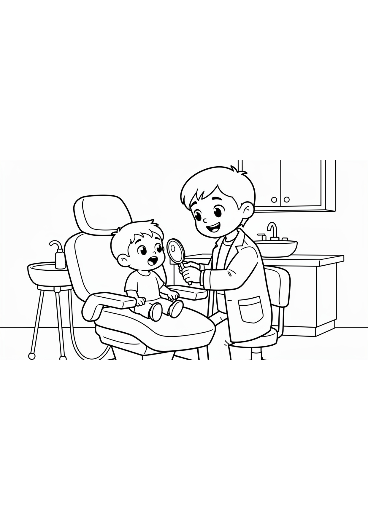 Dentist coloring page for kids, free printable drawing for toddlers ages 2-5