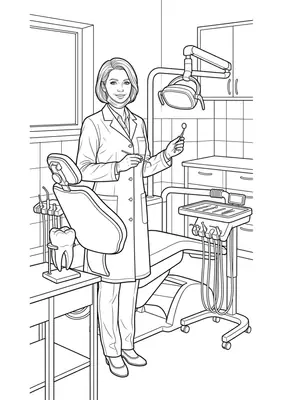 Dentist coloring page — printable profession flashcard