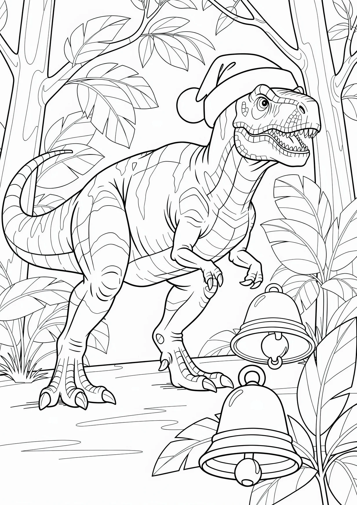 Dibujo de Dinosaurio con gorro navideño para Colorear para Mayores de 6 Años