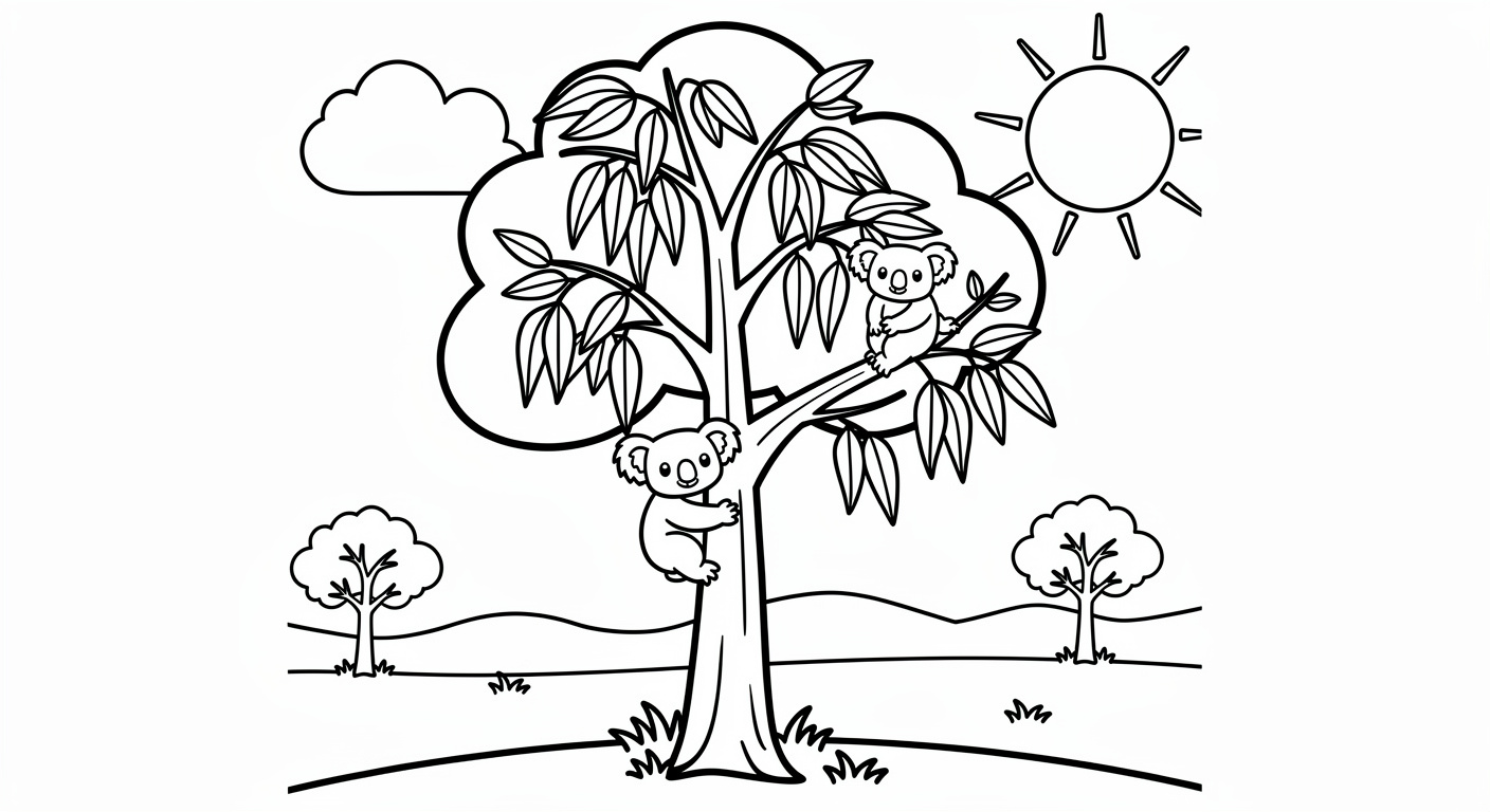 Eucalyptus tree with koala coloring page for kids, free printable nature activity for toddlers and preschoolers