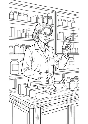 Pharmacist coloring page — printable profession flashcard
