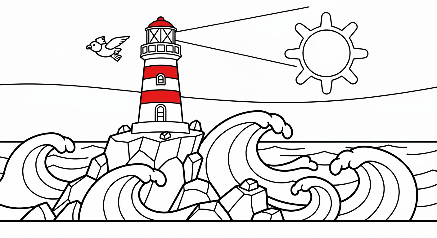 Lighthouse coloring page for kids, free printable PDF activity for toddlers ages 2-5