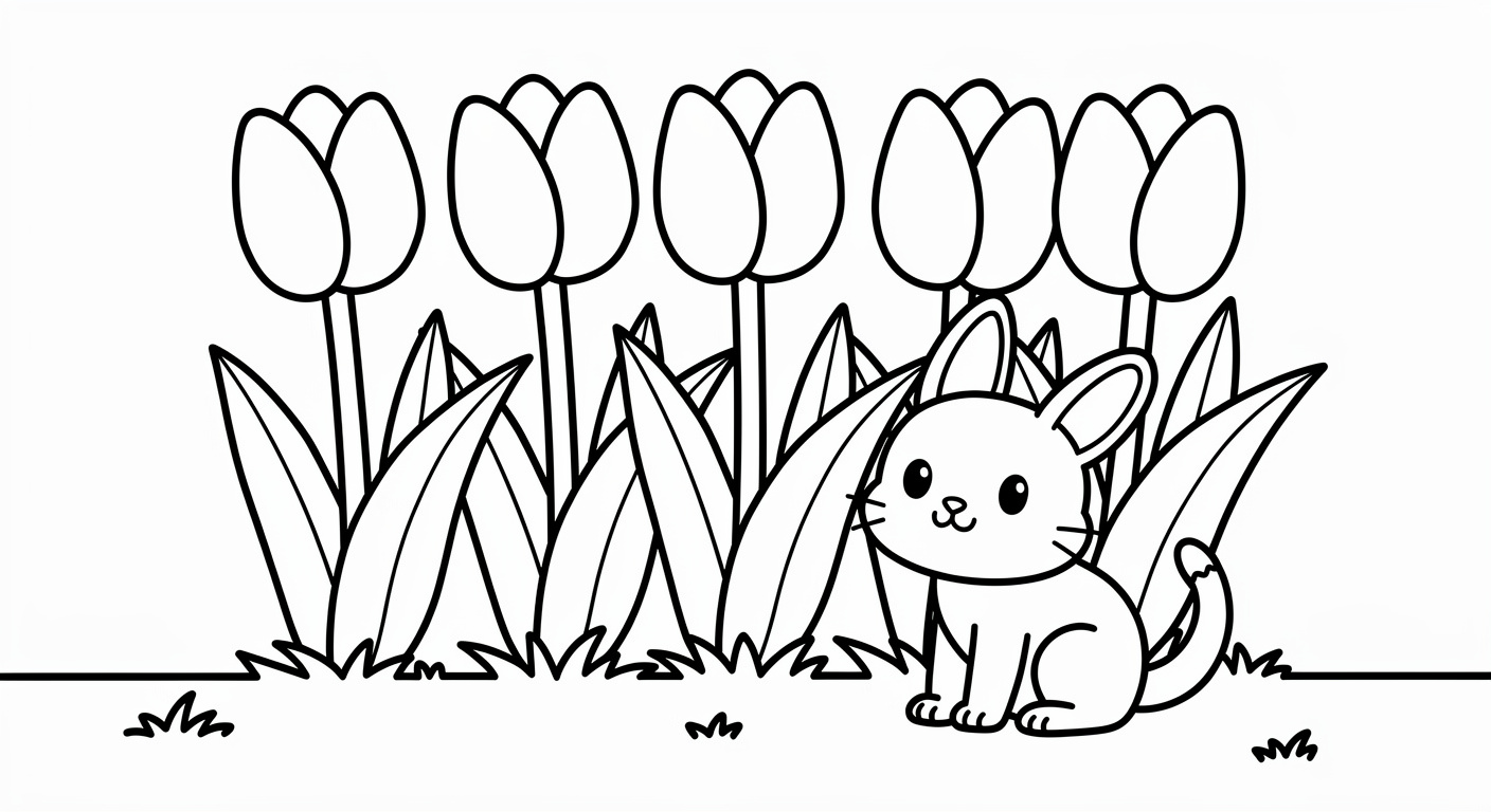 Row of tulips coloring page for kids, free printable PDF drawing activity