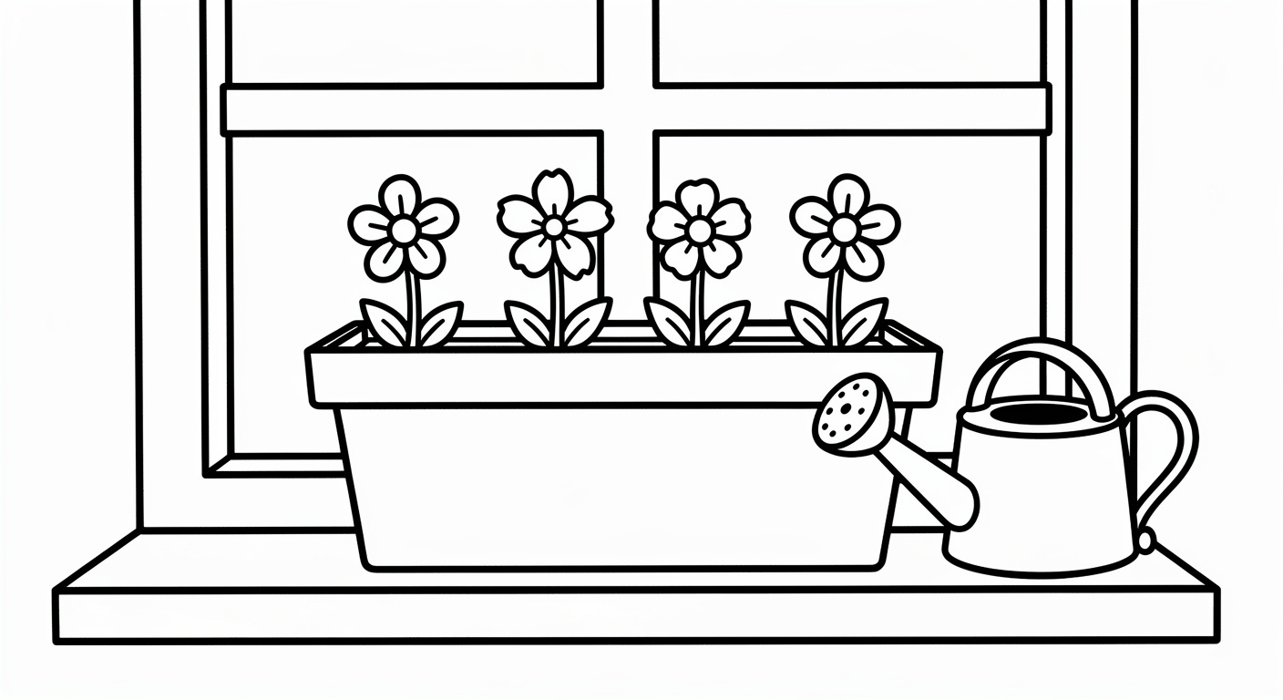 Coloring page of little flowers in a pot, free printable drawing for kids ages 2-5