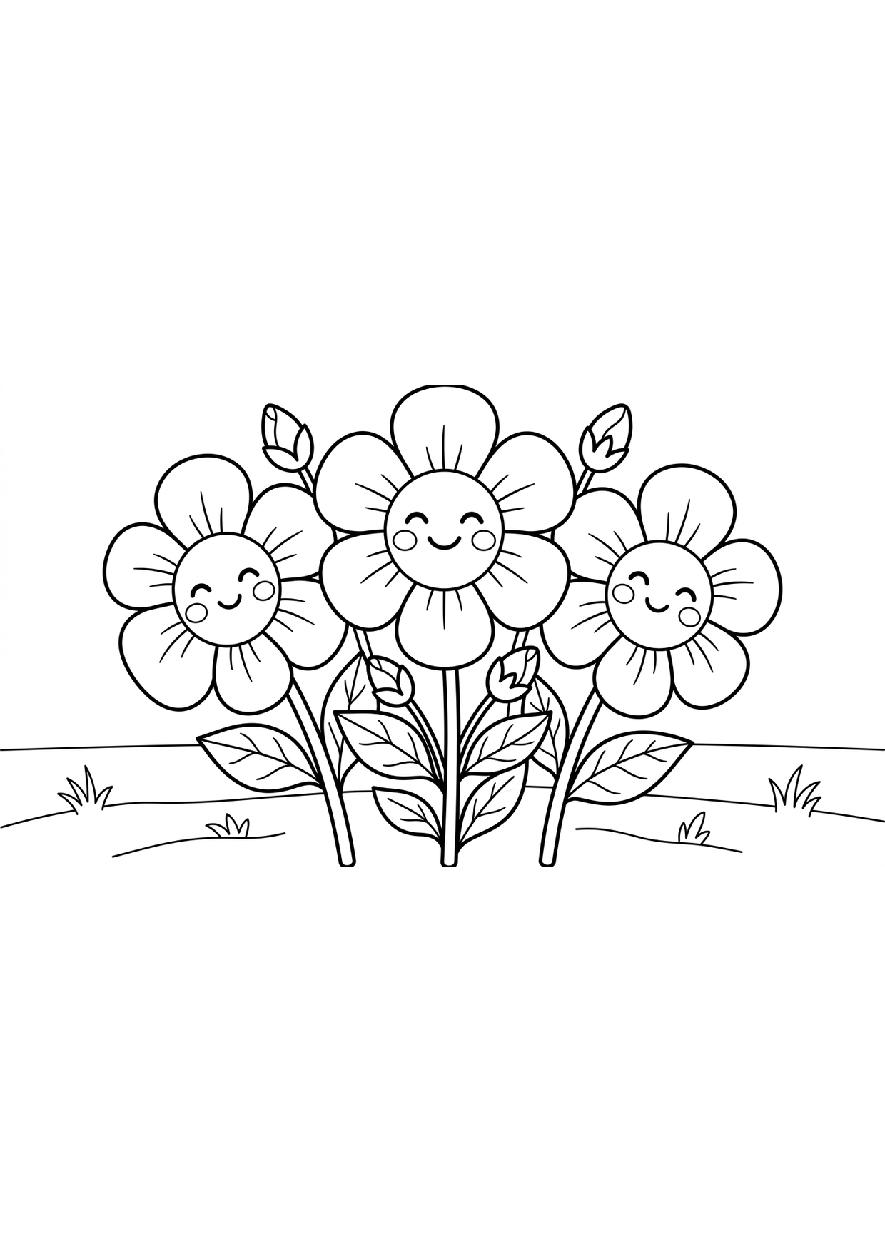 Desenho de flores kawaii para colorir grátis, imprimível para crianças de 2 a 5 anos