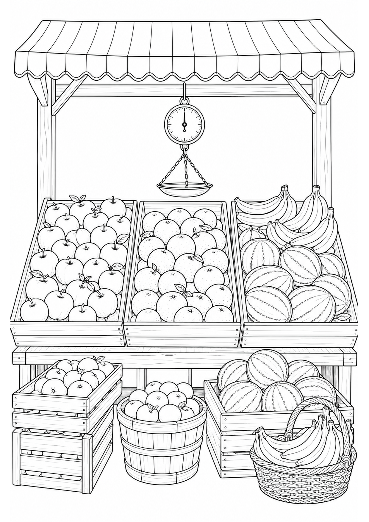 Fruit Market Stall Coloring Page to Print Free