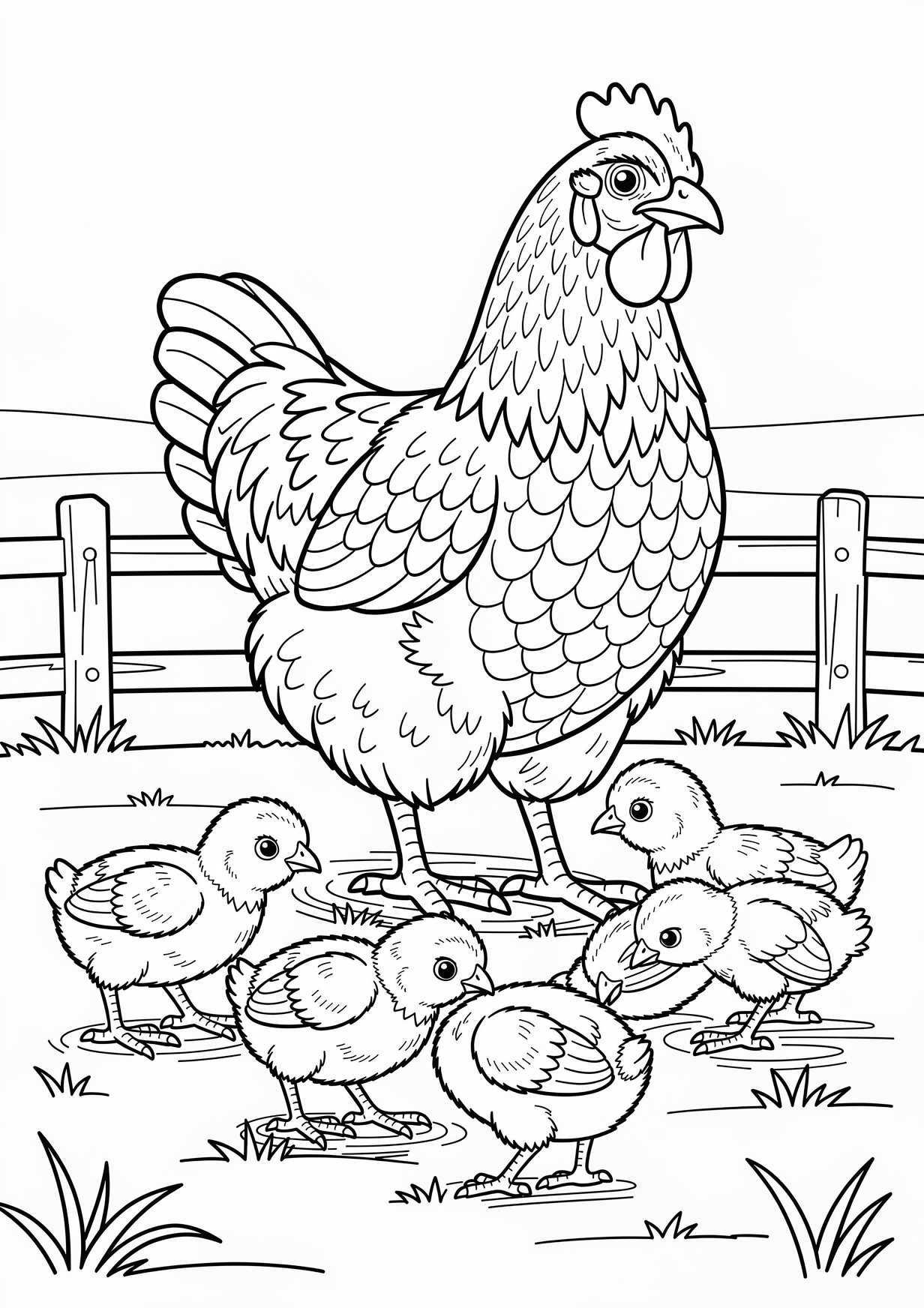 Hen with chicks Coloring Page for Ages 6 and Up