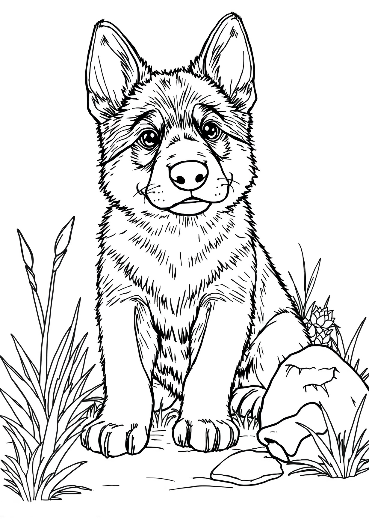 Dibujo de German Shepherd puppy para colorear gratis, imprimible para niños de 5 a 8 años