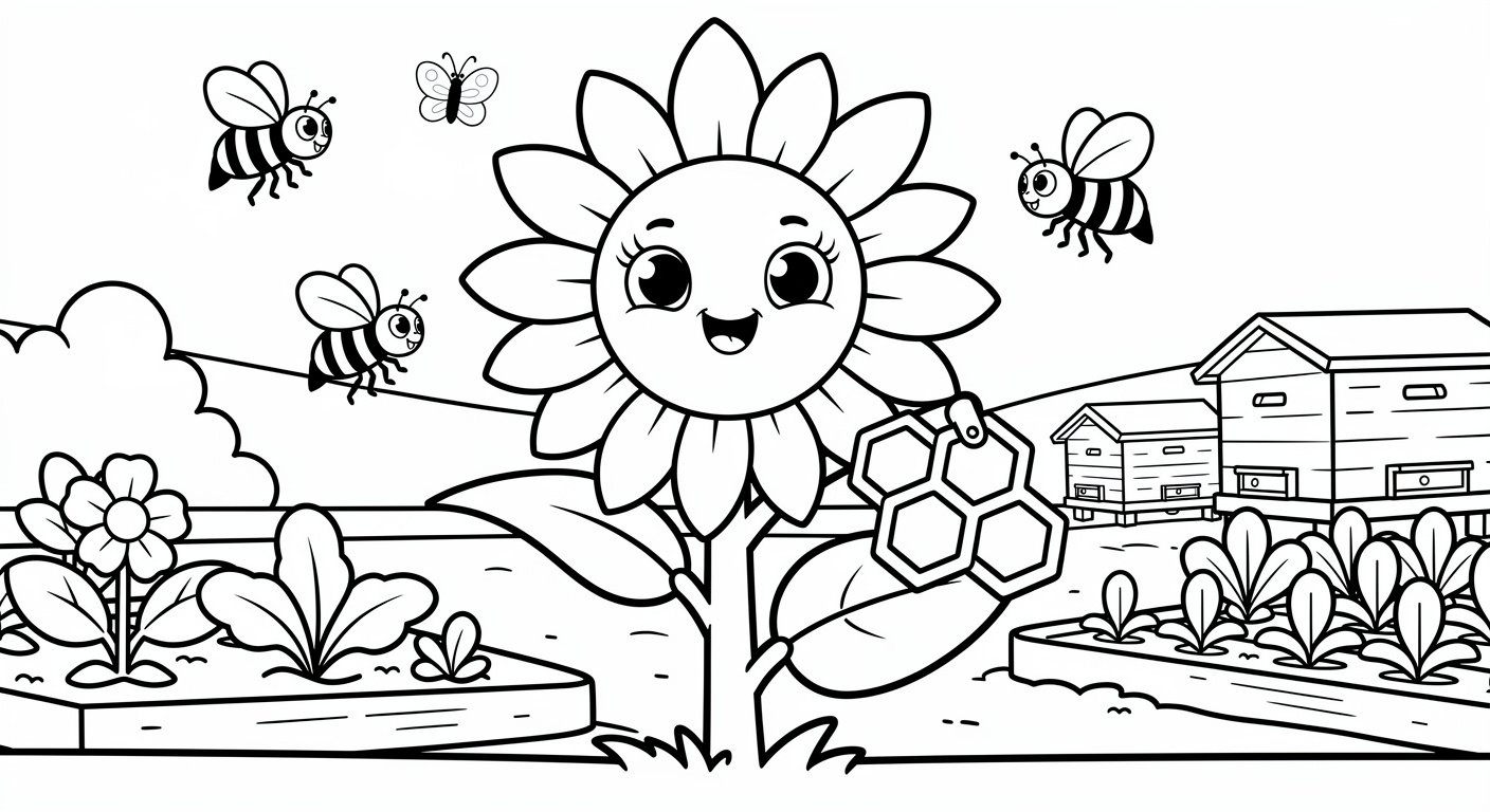 Sunflower with bee coloring page, free printable drawing for kids