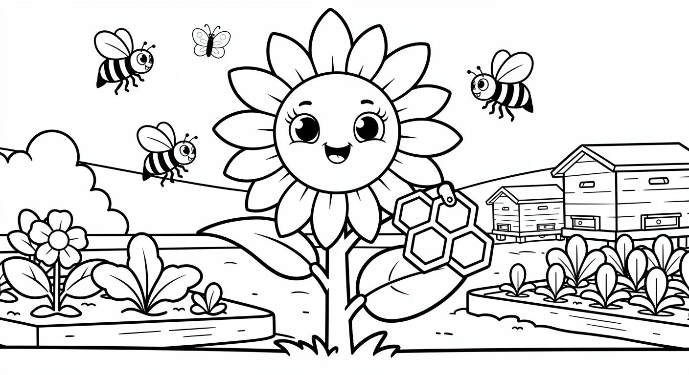 Sunflower with bee Coloring Page