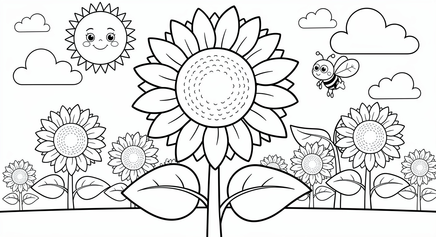 Sunflower with sun coloring page for kids, free printable drawing for toddlers