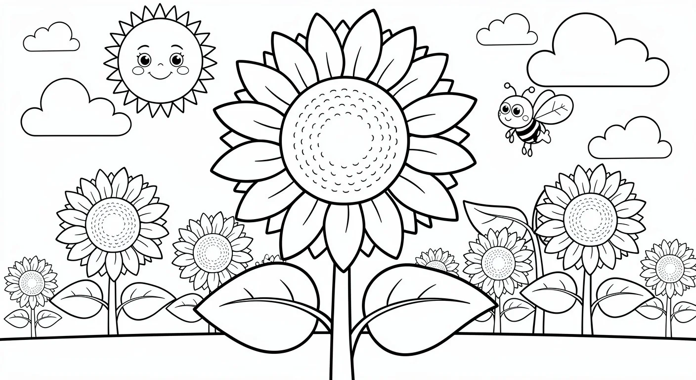 Sunflower with sun Coloring Page