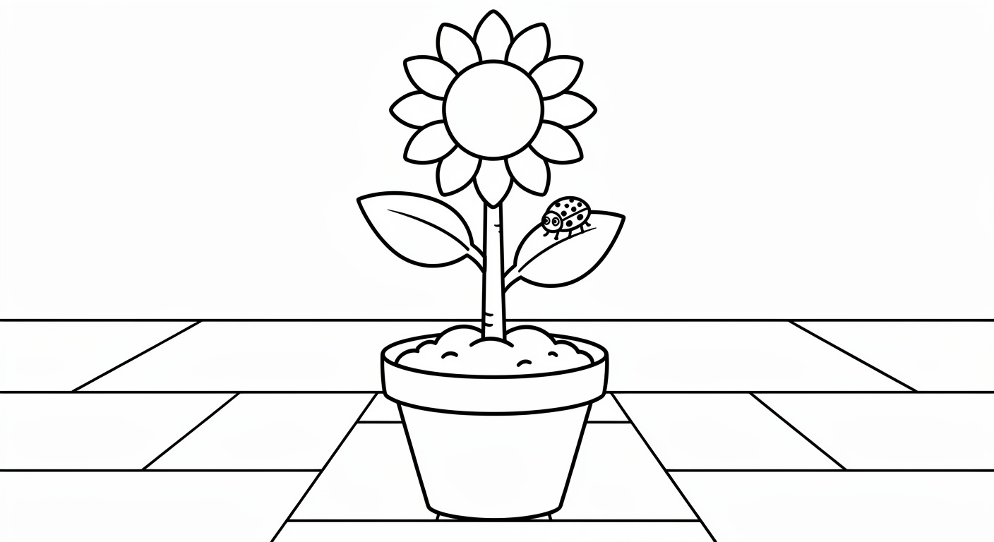 Sunflower in pot coloring page, simple free printable drawing for toddlers and preschoolers