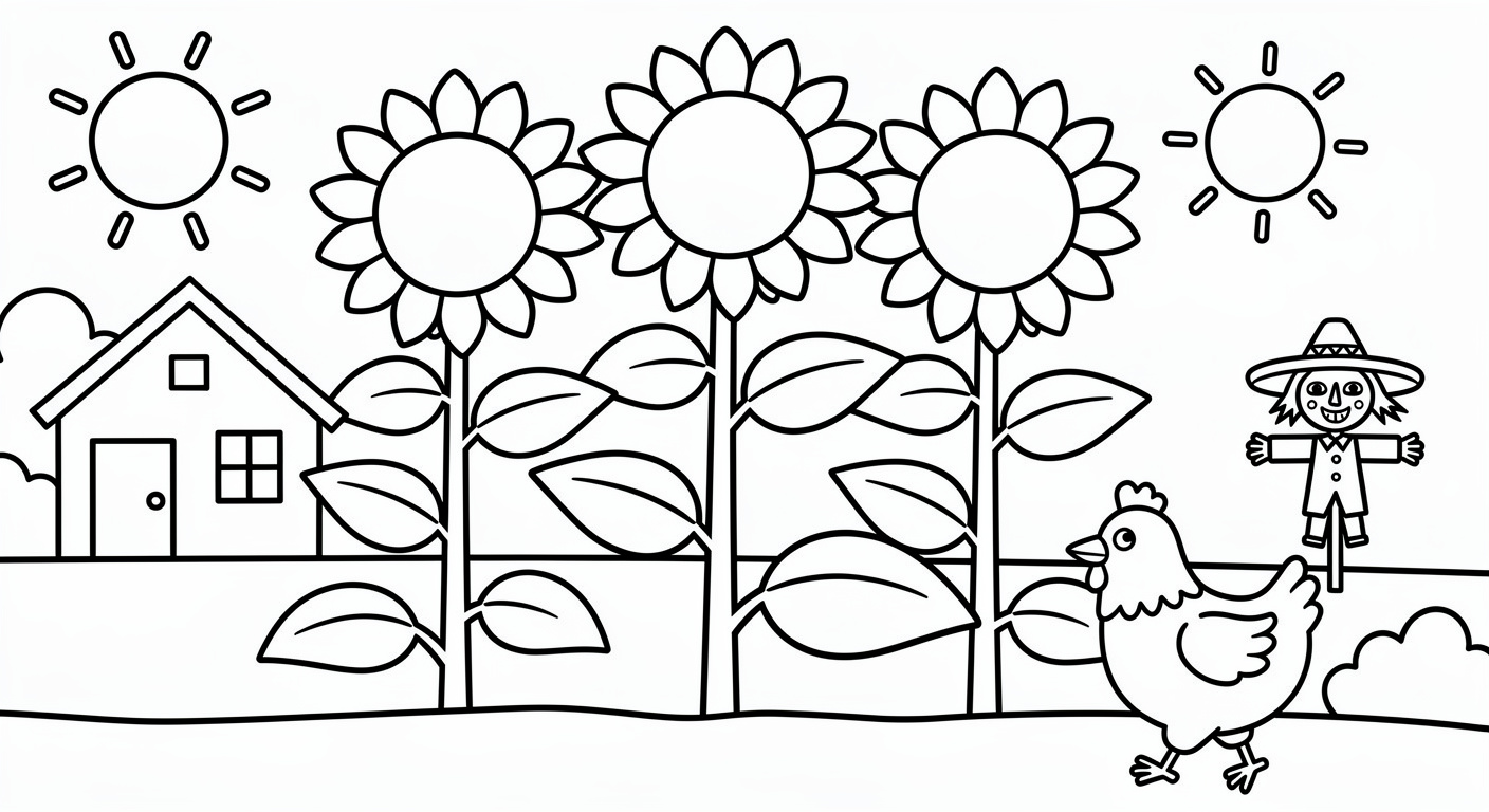 Sunflowers in garden coloring page for kids, free printable PDF activity