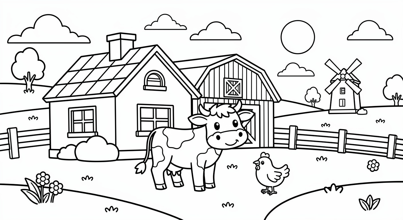 Farm coloring page for kids, free printable PDF with animals and rural landscape design for toddlers