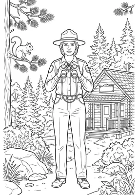 Park ranger coloring page — printable profession flashcard