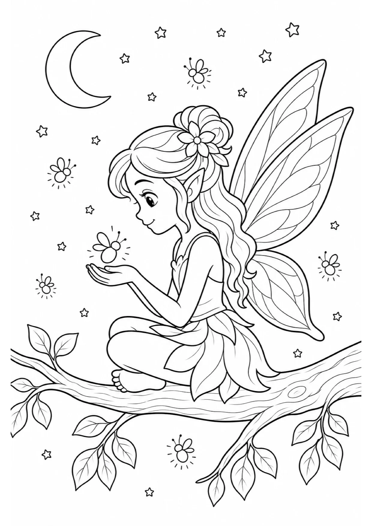 Dibujo de Hada con Luciérnagas para Colorear e Imprimir