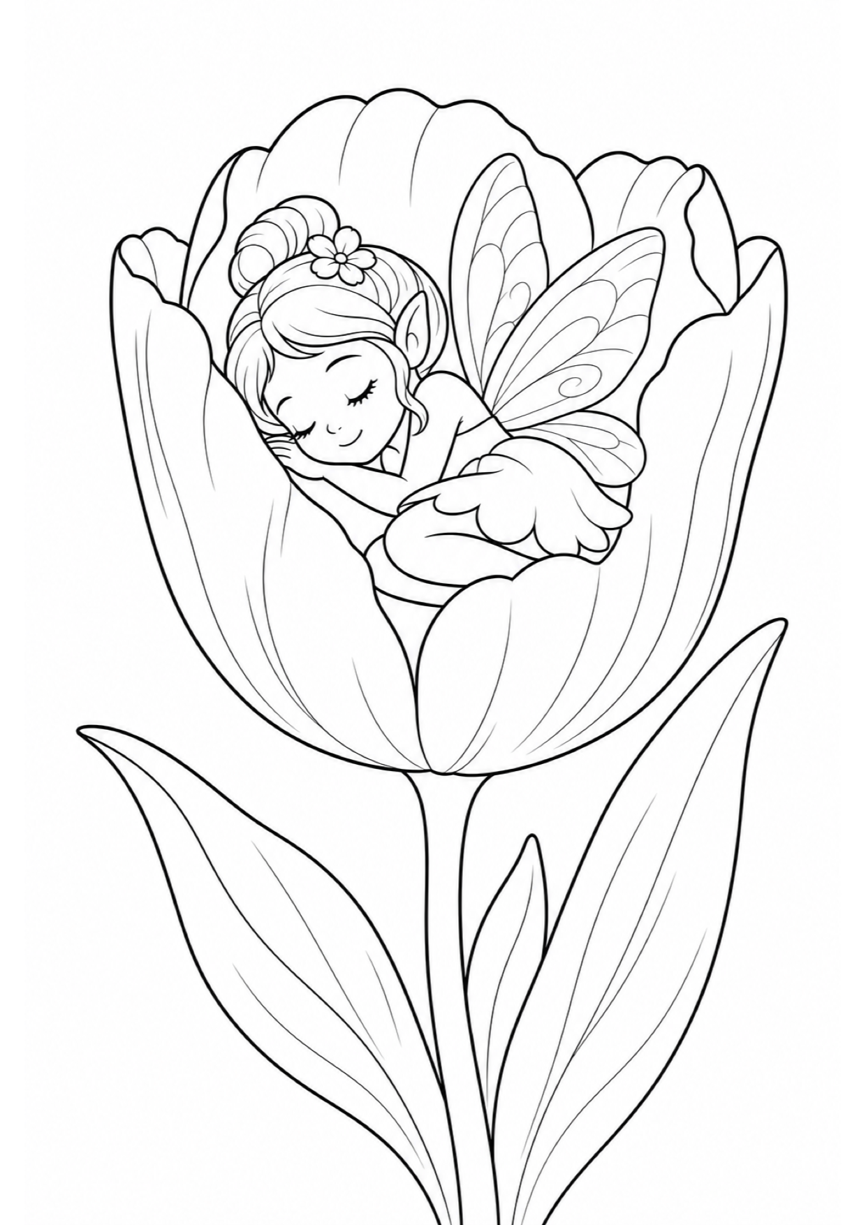 Dibujo de Hada Durmiendo en una Flor para Colorear e Imprimir